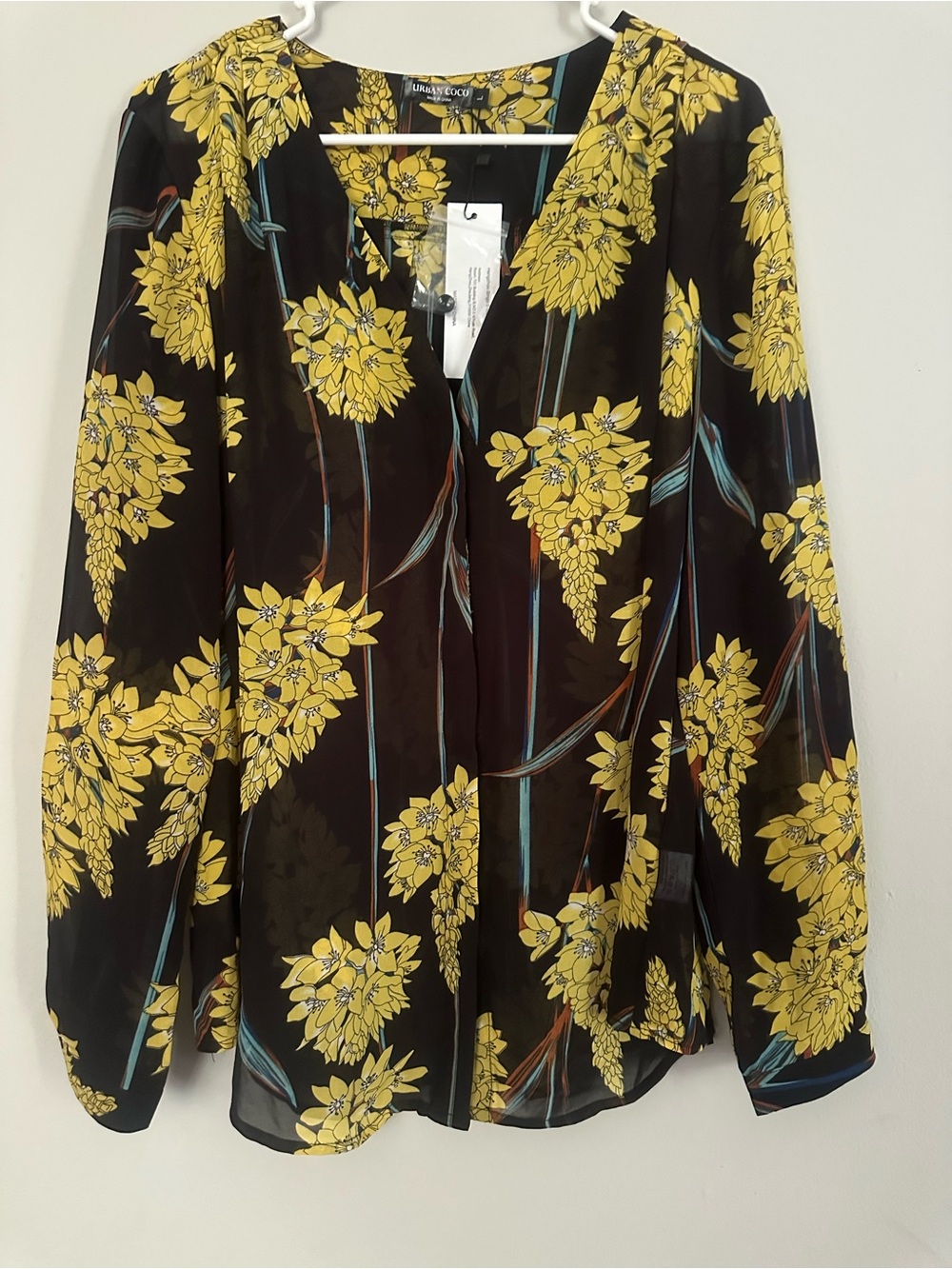 Women's Black V-Neck Blouse with Yellow Floral Print